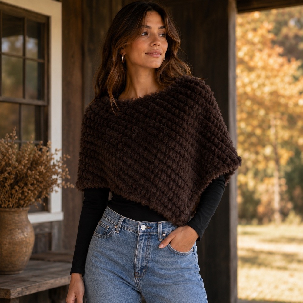 Studio 512 Brown Rabbit Fur Knit Poncho Wrap One Size Wool‎ Blend Glam